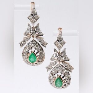 14K Two-Tone Gold Ladies Diamond & Emerald Drop Earrings